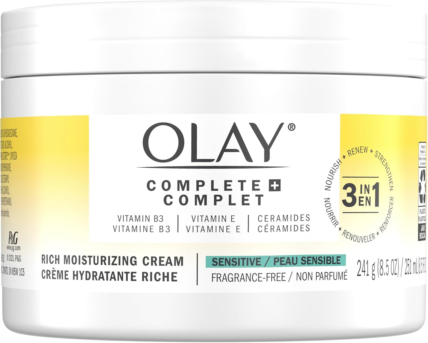 Olay Complete + Rich Moisturizing Cream Fragrance-Free, 3-in-1 Hydrating Face Cream for Dry Skin with Vitamin B3, Vitamin E, and Ceramides, 251 mL