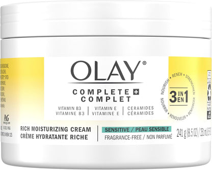 Olay Complete + Rich Moisturizing Cream Fragrance-Free, 3-in-1 Hydrating Face Cream for Dry Skin with Vitamin B3, Vitamin E, and Ceramides, 251 mL