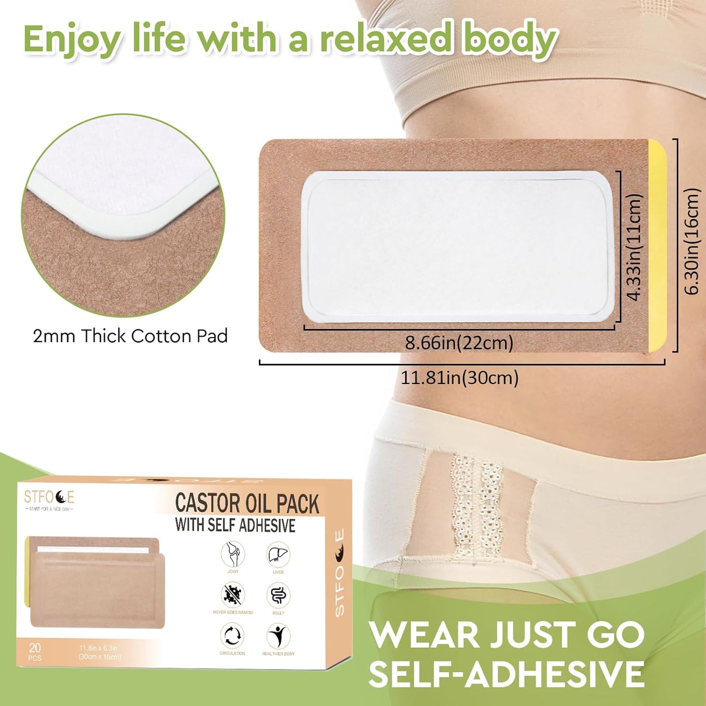 STFOCE 20pcs Castor Oil Pack Wrap, Large Castor Oil Pack Self-Adhesive, 11.8"x6.3", No Leakage, No Wash, Disposable