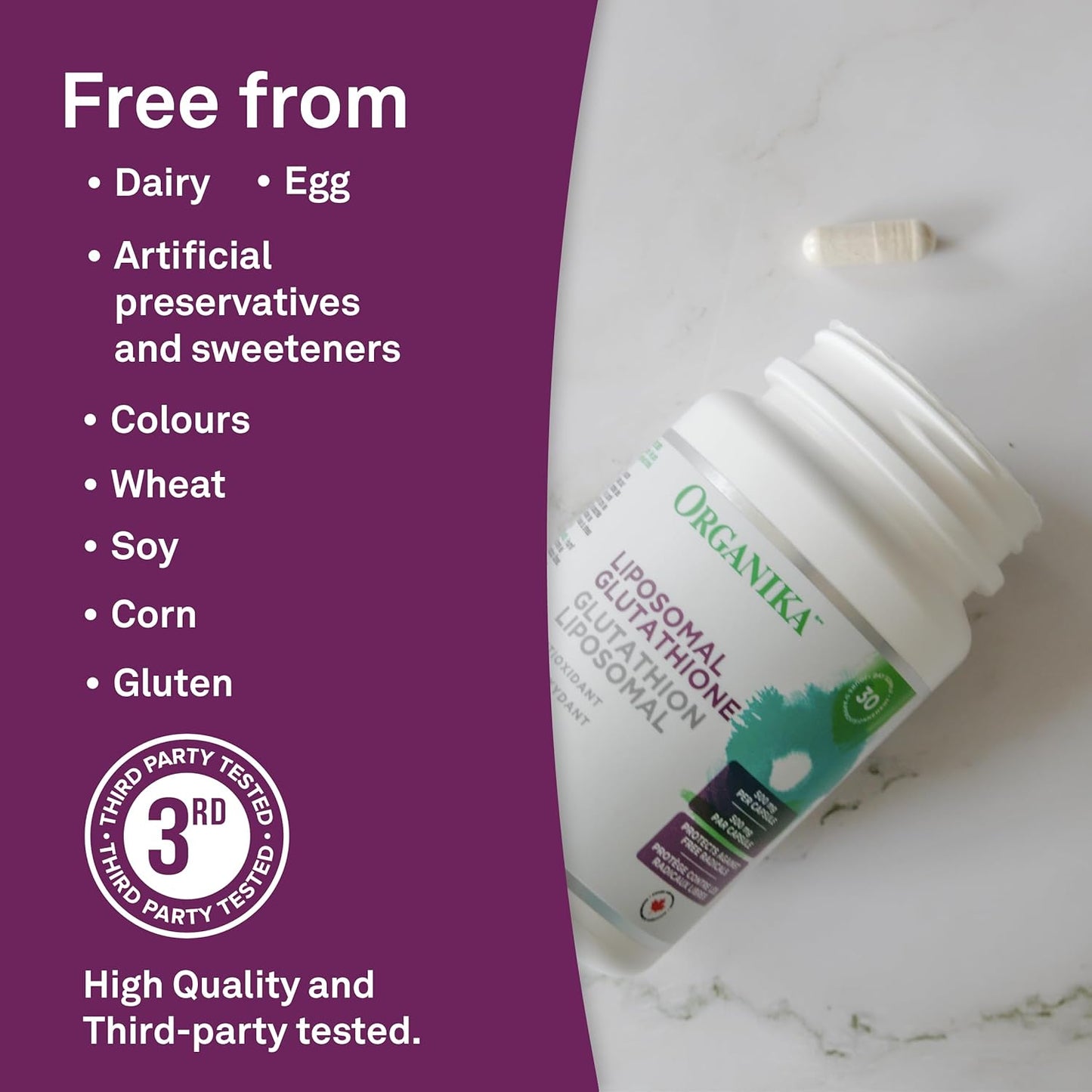 Organika 加拿大制造脂质体 L-谷胱甘肽 500 毫克 - 吸收率高，强效抗氧化，增强免疫力，帮助组织修复，排毒 - 30 粒胶囊，30 天用量