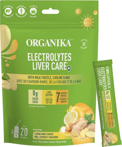 Organika 加拿大制造电解质护肝片，含奶蓟草、胆碱和 NAC - 柠檬蜂蜜姜味 - 肝脏支持 + 保护、电解质平衡、免疫支持、无糖 6g x 20 片