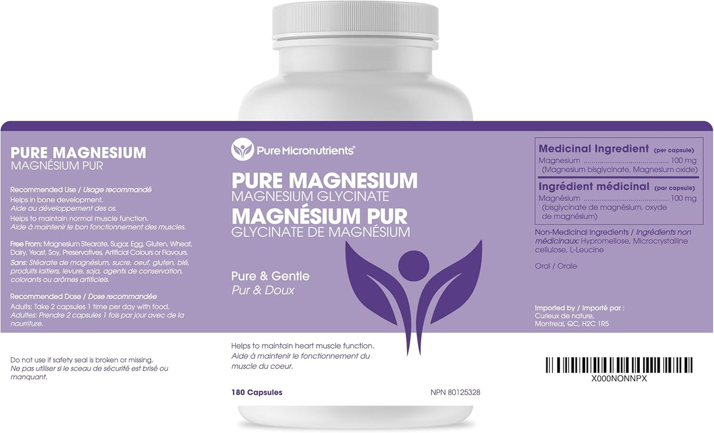 純微量營養素甘氨酸鎂補充劑（螯合型）200毫克，180粒