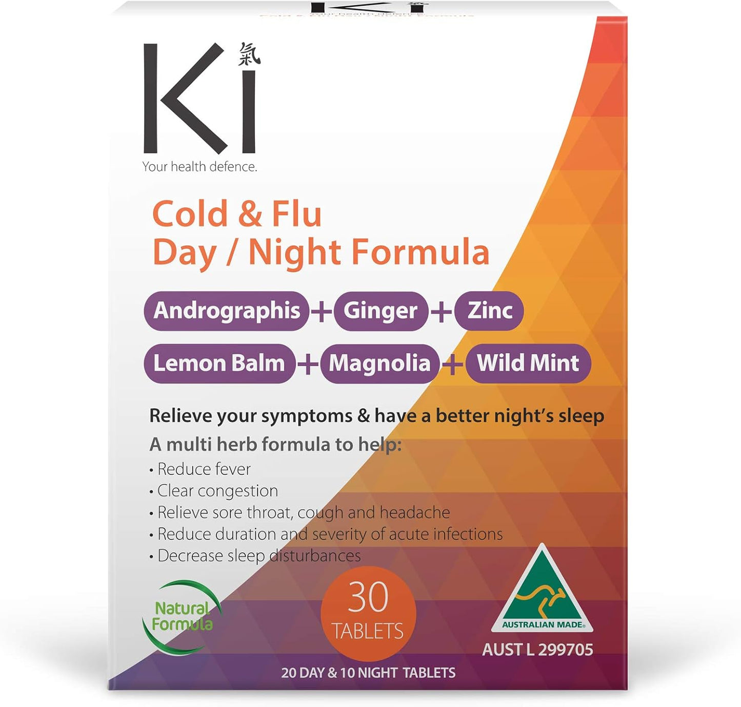 KI，日夜配方，30 片，含穿心莲、生姜、锌、柠檬香蜂草、木兰、野薄荷