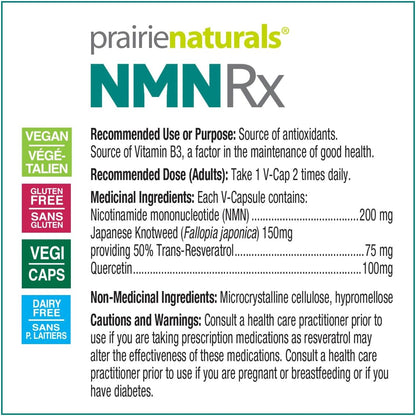 Prairie Naturals NMN Rx 200mg w/Quercetin+Resveratrol provides vitamin B3 and antioxidants - 30 Count Non-GMO, Gluten Free, Vegan