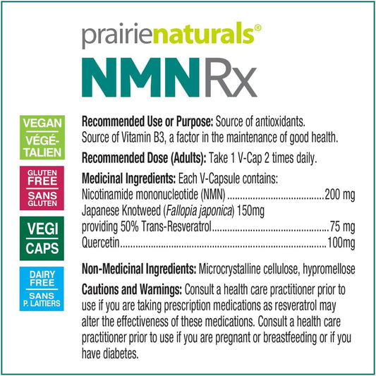 Prairie Naturals NMN Rx 200mg w/Quercetin+Resveratrol provides vitamin B3 and antioxidants - 30 Count Non-GMO, Gluten Free, Vegan
