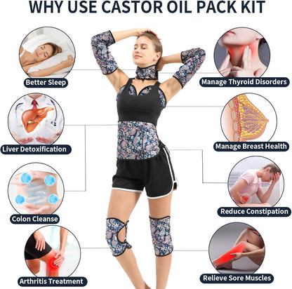 KANAV 8 Piece Castor Oil Pack Wrap Set, Organic Cotton Lined Reusable Castor Oil Compress Packs for Liver Detox, Insomnia, Constipation, Inflammation & Women's Gifts