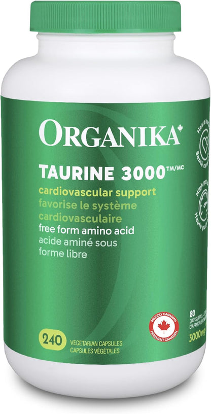 Organika 加拿大製造超強效牛磺酸 - 1000 毫克 - 支持心血管健康，每日劑量 3000 毫克 - 240 粒膠囊