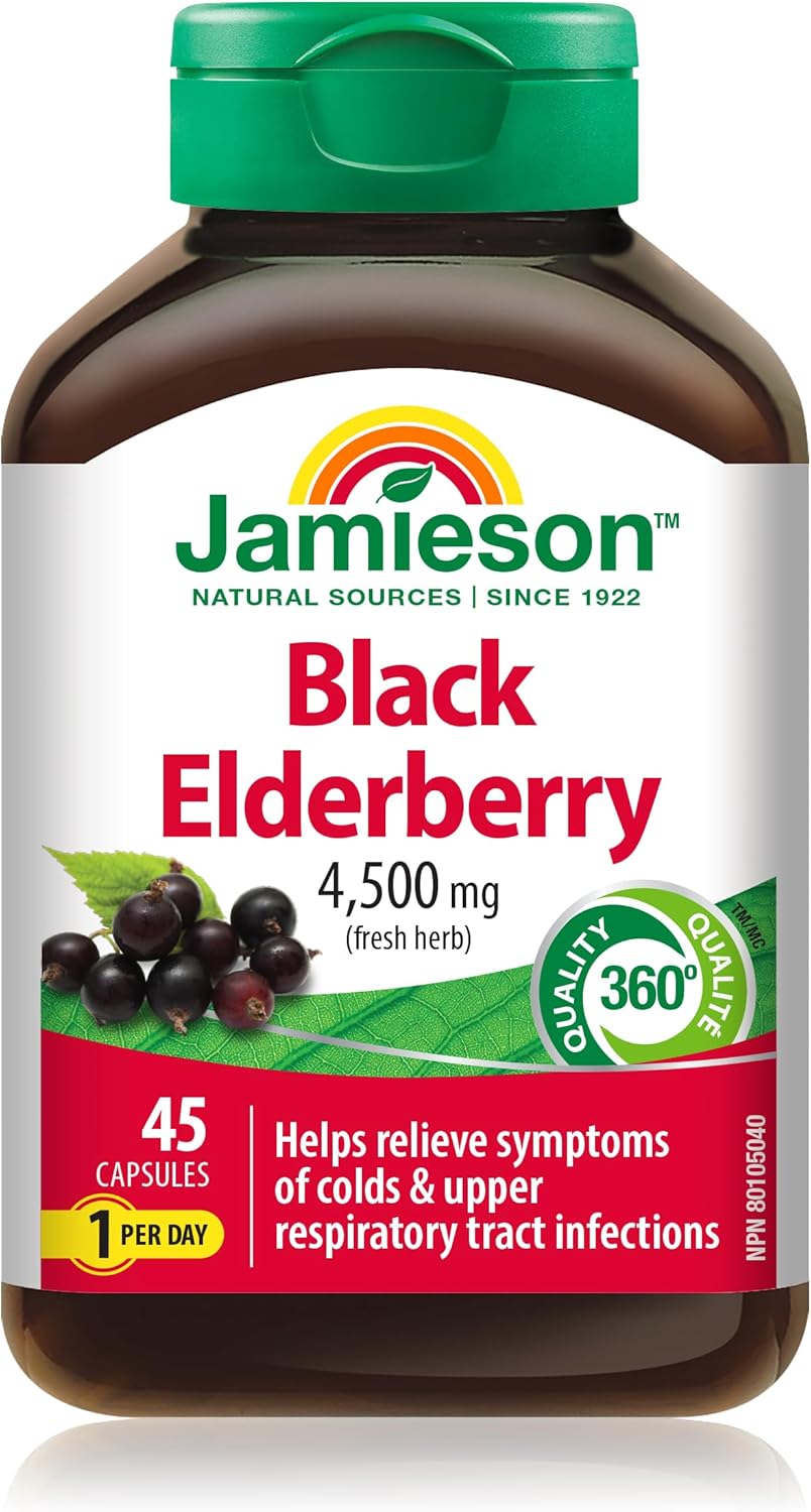 Jamieson 黑接骨木果 4,500 毫克素食胶囊，缓解感冒和流感症状，并缓解发烧、咳嗽和咽喉痛等症状。非转基因，无麸质，45 粒，加拿大制造