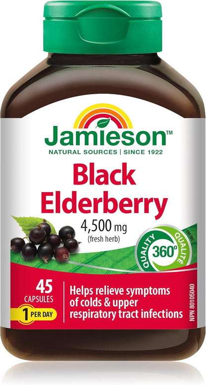 Jamieson 黑接骨木果 4,500 毫克素食胶囊，缓解感冒和流感症状，并缓解发烧、咳嗽和咽喉痛等症状。非转基因，无麸质，45 粒，加拿大制造