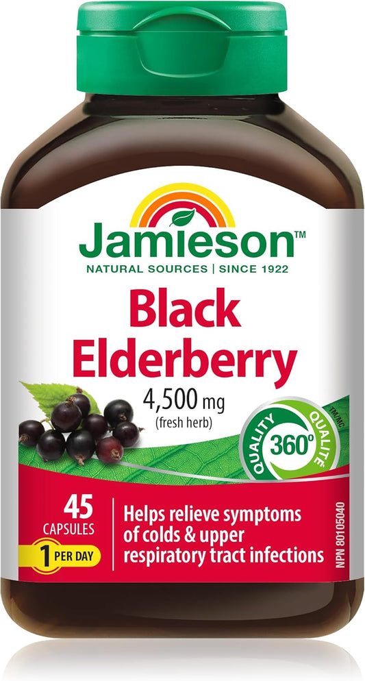 Jamieson Black Elderberry 4,500 mg Vegetarian Capsules, Provides Relief from Cold and Flu, and Relieves Symptoms Like Fever, Cough, and Sore Throat. Non-GMO, Gluten-Free, 45 Count, Proudly Canadian