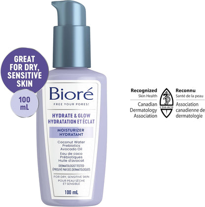 Bioré Hydrate & Glow Moisturizer, Face Cream for Dry, Sensitive Skin, infused with Prebiotics, Avocado Oil and Coconut Water |Dermatologist Tested, Cruelty Free and Fragrance Free (100mL)
