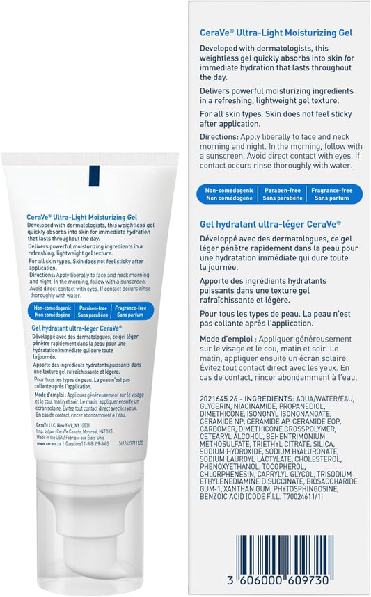 CeraVe Ultra-Light Moisturizing Gel Cream, Lightweight Face Moisturizer with Ceramides, Niacinamide & Hyaluronic Acid. Oil Free, Fast Absorbing and Fragrance-Free, Dermatologist Recommended, 52 mL