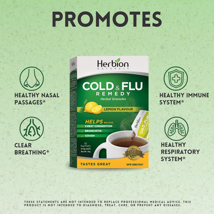 Herbion Naturals 感冒和流感草药颗粒，天然柠檬味，10 袋装 - 有助于缓解咳嗽和胸闷