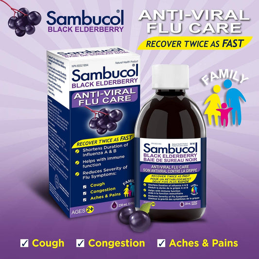 Sambucol Black Elderberry Anti-Viral Flu Care | Quickly Relieves Cold & Flu Symptoms | Immune Support & Antioxidant | Ideal for Families | Syrup, 230 mL, blue