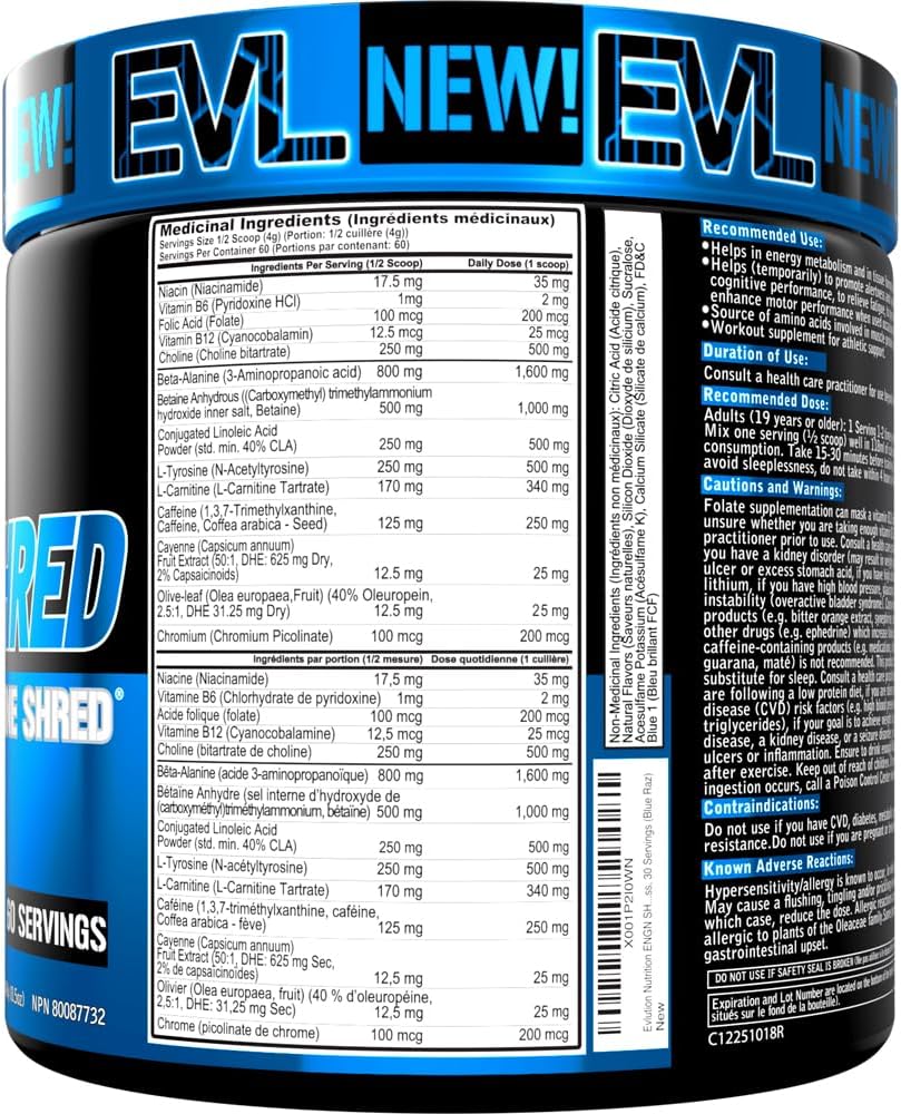 Evlution Nutrition ENGN Shred 锻炼前粉 - Shredding 锻炼前粉，含 CLA、L-肉碱和铬，可增强注意力、能量和耐力 - Blue Raz
