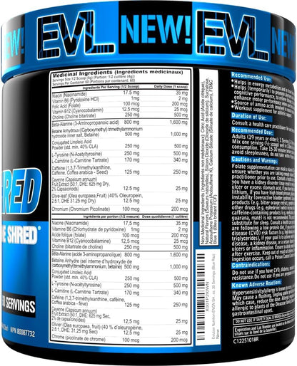 Evlution Nutrition ENGN Shred 锻炼前粉 - Shredding 锻炼前粉，含 CLA、L-肉碱和铬，可增强注意力、能量和耐力 - Blue Raz