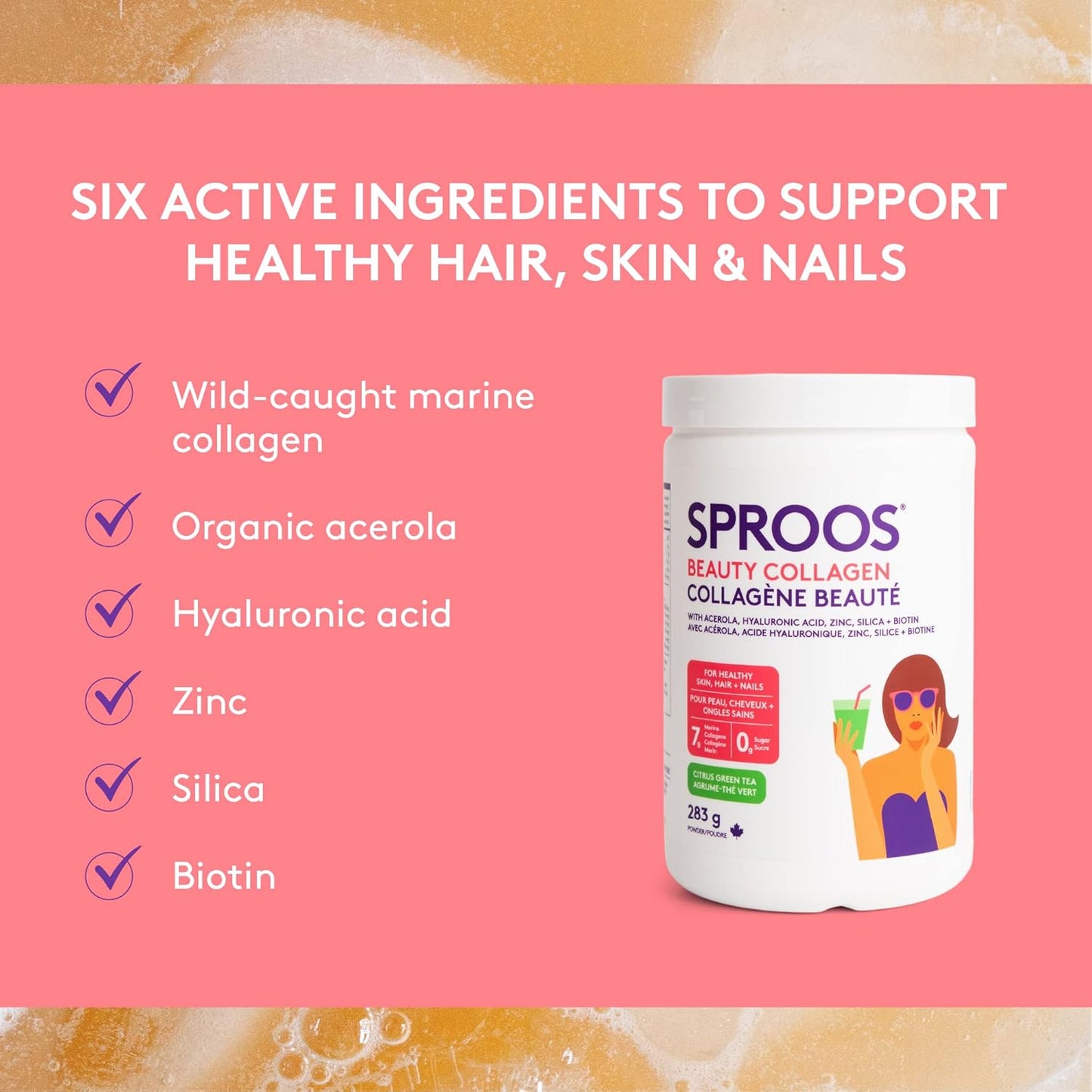 Sproos Beauty 膠原蛋白 | 水解膠原蛋白粉 + 生物素、透明質酸、鋅 | 增強型膠原蛋白肽粉，柑橘綠茶口味，桶裝，283 克