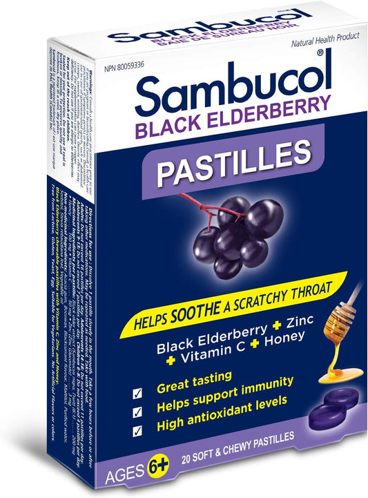 Sambucol Black Elderberry Pastilles | Quickly Soothes Sore, Dry & Scratchy Throat Symptoms | Immune Support & Antioxidant | Ideal for Ages 6+ | Gluten & Nut Free | 20 Soft & Chewy Pastilles, blue