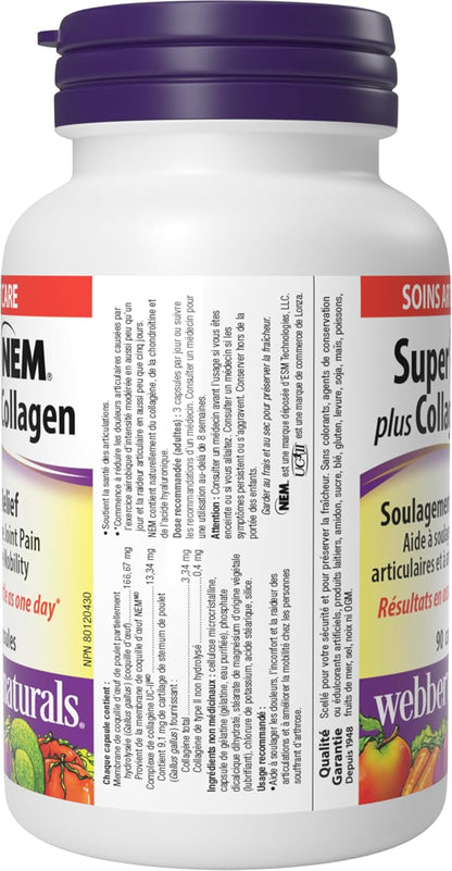 Webber Naturals Super NEM Plus UC-II Collagen, 90 Capsules, Eggshell Membrane to Help Relieve Joint Pain, Stiffness, and Mobility