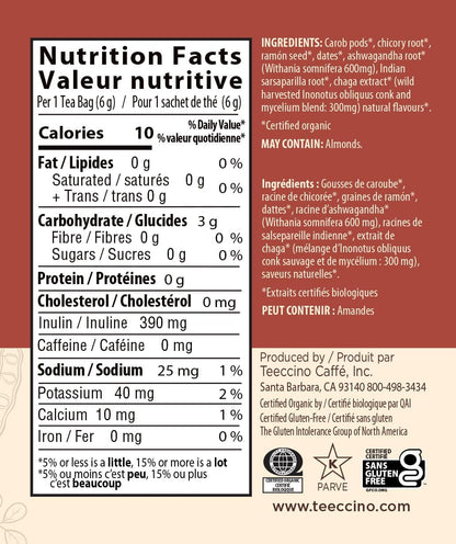 Teeccino 蘑菇适应原茶 - 白桦茸南非醉茄法式烘焙草本茶，采用野生白桦茸和阿育吠陀南非醉茄根，增强免疫力，10 个茶包