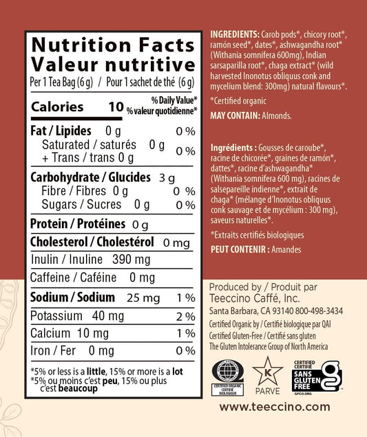 Teeccino 蘑菇適應原茶 - 白樺茸南非醉茄法式烘焙草本茶，採用野生白樺茸和阿育吠陀南非醉茄根，增強免疫力，10 個茶包