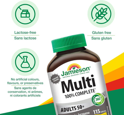 Jamieson 100% 复合维生素，适合 50 岁以上成人，含番茄红素、叶黄素和更多钙。支持免疫力、能量、整体健康、眼部护理和骨骼健康，无麸质，每日一片，115 粒胶囊