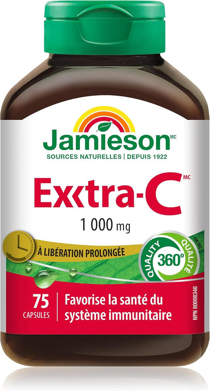 Jamieson 維生素 Exxtra C 緩釋片 1,000 毫克，高效吸收，生物利用度高，溫和不傷胃，支持免疫健康，強健牙齒和骨骼。素食，無麩質，75 粒膠囊，加拿大製造