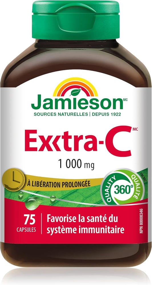 Jamieson 維生素 Exxtra C 緩釋片 1,000 毫克，高效吸收，生物利用度高，溫和不傷胃，支持免疫健康，強健牙齒和骨骼。素食，無麩質，75 粒膠囊，加拿大製造