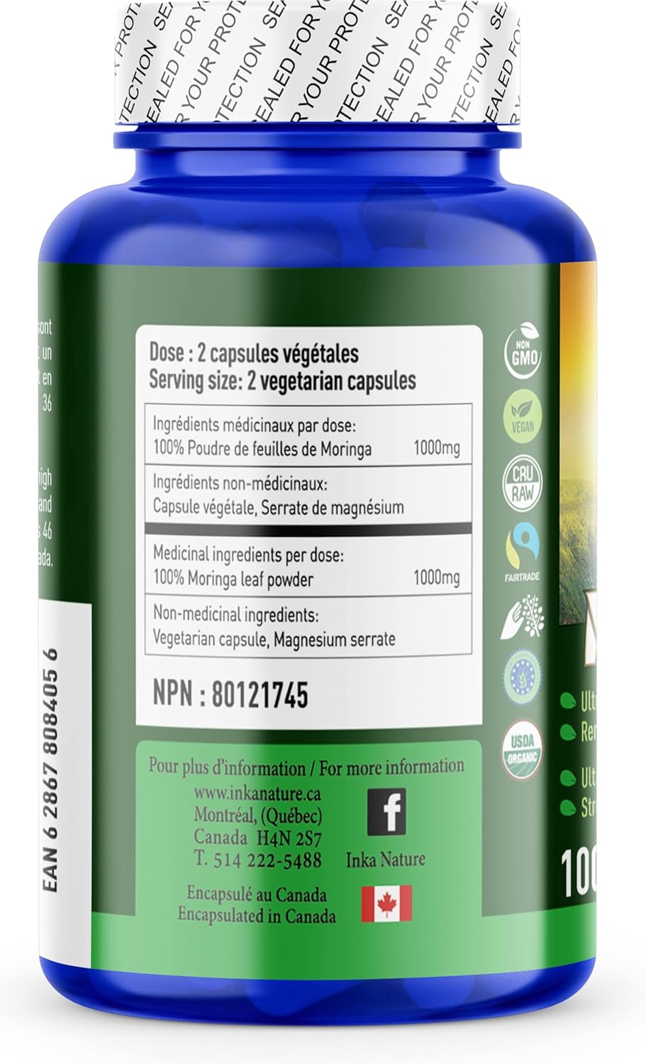 INKA NATURE 辣木，100 粒素食膠囊 - 超營養，非基因改造 - 純辣木葉增強免疫力 - 有機成分 - 素食認證 - 天然健康補充劑