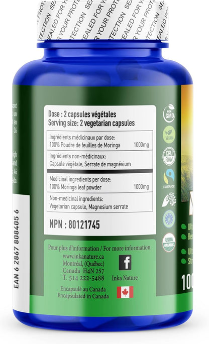 INKA NATURE 辣木，100 粒素食膠囊 - 超營養，非基因改造 - 純辣木葉增強免疫力 - 有機成分 - 素食認證 - 天然健康補充劑