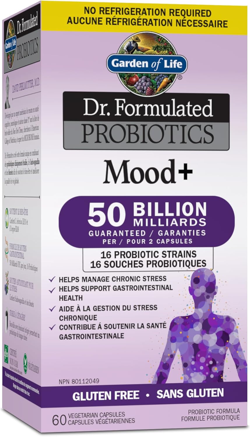 生命花园 – Dr. Formulated 益生菌情绪+ | 管理消化健康和慢性压力症状 | 500亿菌落形成单位 + 16种益生菌菌株 | 包含南非醉茄和蓝莓