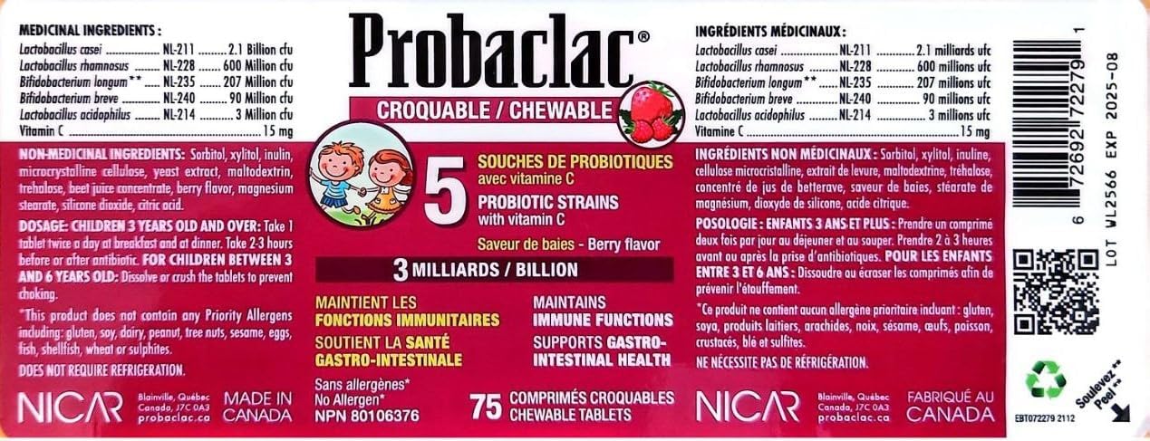 Probaclac chewable probiotics for kids ages 3. Each chewable tablet contains 3 billion active cells, Multi-strain probiotic and lactic ferment complex (6 strains) (40)