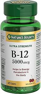 NATURE'S BOUNTY Vitamin B-12, Ultra Strength 5000 mcg, Helps Energy Metabolism, Helps Form Red Blood Cells, Aids Immune System, Prevents Vitamin B-12 Deficiency, Cherry-Flavoured Tablets, 9 g