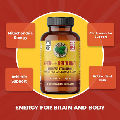 Pure Lab 维生素 | NADH 烟酰胺腺嘌呤二核苷酸 + 辅酶 Q10 泛醇 | 30 粒胶囊 | 维生素 B3 补充剂 | B3 维生素烟酰胺补充剂 | 脑能量、思维清晰度补充剂