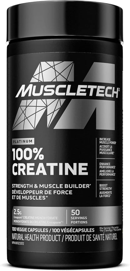 MuscleTech Platinum 100% 肌酸 | MuscleTech | Creapure | 男女增肌增力劑 | 鍛煉恢復補充劑 | 100 粒素食膠囊 | 50 份