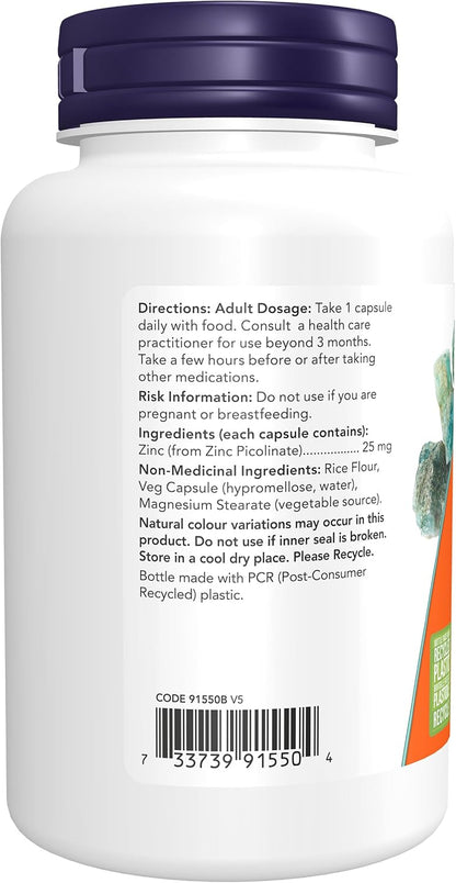 NOW Supplements, 吡啶甲酸鋅 50 毫克，支持酵素功能，增強免疫力，100 粒素食膠囊