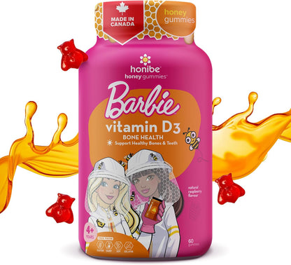 Honibe 维生素 D 软糖，适合儿童和成人，芭比，加拿大制造的蜂蜜维生素，维生素 D3 有助于支持骨骼健康、情绪和免疫系统功能，60 粒软糖