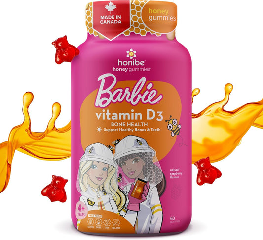Honibe 维生素 D 软糖，适合儿童和成人，芭比，加拿大制造的蜂蜜维生素，维生素 D3 有助于支持骨骼健康、情绪和免疫系统功能，60 粒软糖