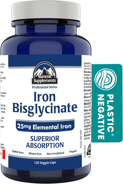 加拿大製造，抗塑膠污染 - 甘氨酸鐵補充劑，120粒素食膠囊，120天用量 - 25毫克元素鐵缺乏症補充劑 - 經第三方測試 - 加拿大配方和製造