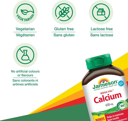 Jamieson Mega Cal Calcium 650 mg Caplets, Combines 5 Forms of Calcium, Helps Prevent Bone Loss and Osteoporosis, Supports Bone and Teeth Health. Vegetarian, Gluten-Free, 120 Caplets, Proudly Canadian
