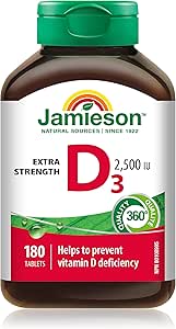 Jamieson Vitamin D3 2,500 IU Tablets, Helps Prevent Vitamin D Deficiency, and Osteoporosis, Supports Immune Health, Strong Bones, and Teeth. Vegetarian, Non-GMO, Gluten-Free, 180 Count, Proudly Canadian