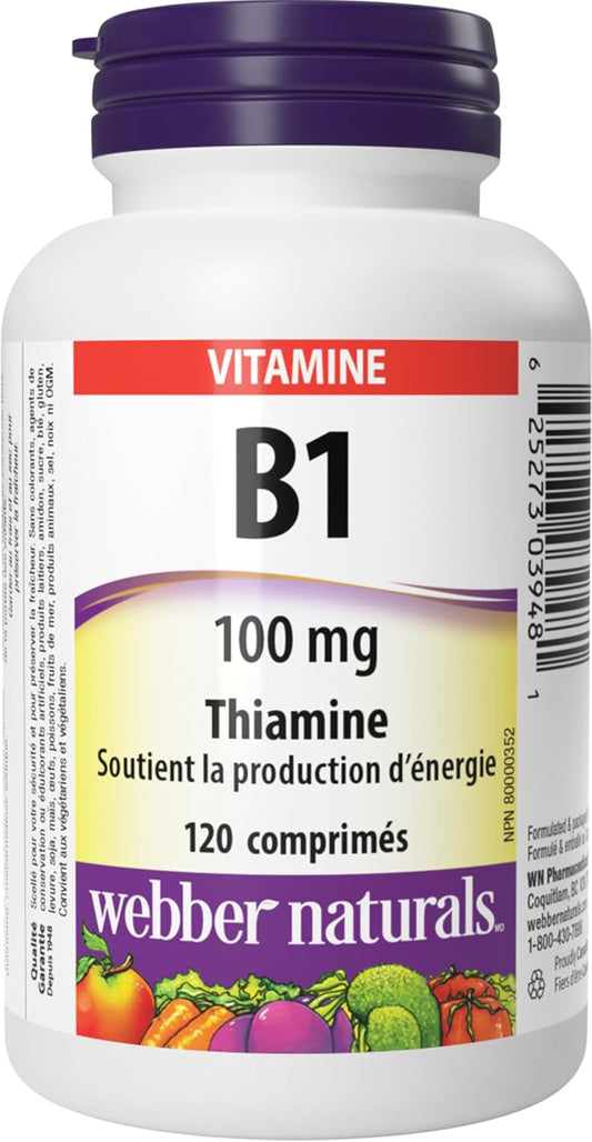 Webber Naturals 维生素 B1 硫胺素 100 毫克，120 片，支持能量生成，纯素