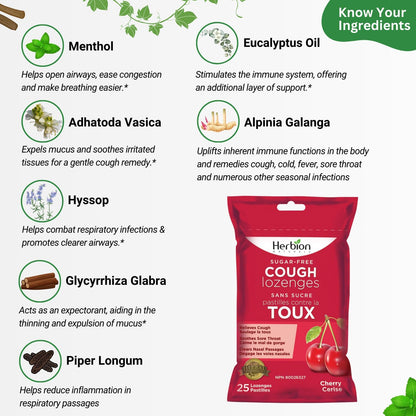 Herbion Naturals 无糖止咳润喉糖，天然樱桃味，25 粒润喉糖 - 缓解咳嗽和鼻塞；舒缓咽喉痛；适用于成人和 12 岁及以上儿童