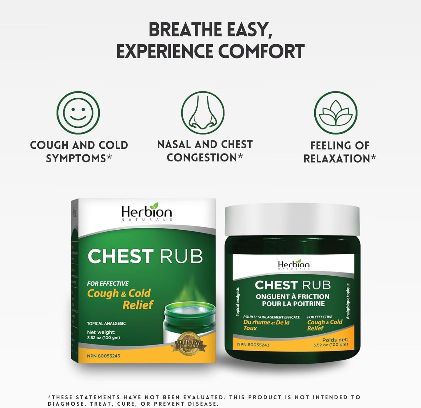 Herbion Naturals 胸部按摩膏，3.5 液体盎司 - 局部镇痛剂；缓解咳嗽、鼻塞和胸闷；舒缓拉伤、扭伤和关节炎引起的疼痛和酸痛