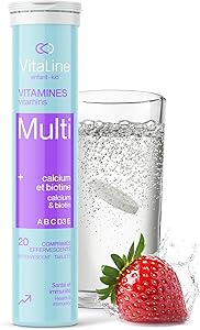 Vitaline 兒童每日多種維生素補充劑 - 兒童多種維生素，含維生素 A、C、D、E、B1、B2、B5、B12、B6、葉酸、生物素和鈣 - 草莓口味，20 片泡騰片