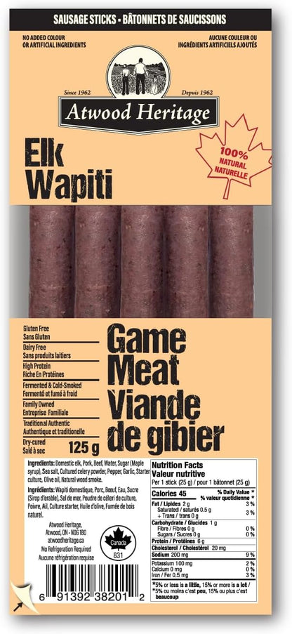 Atwood Heritage 麋鹿、豬肉和牛肉零食棒，5 根，125 克，高蛋白，無麩質，無硝酸鹽，加拿大製造