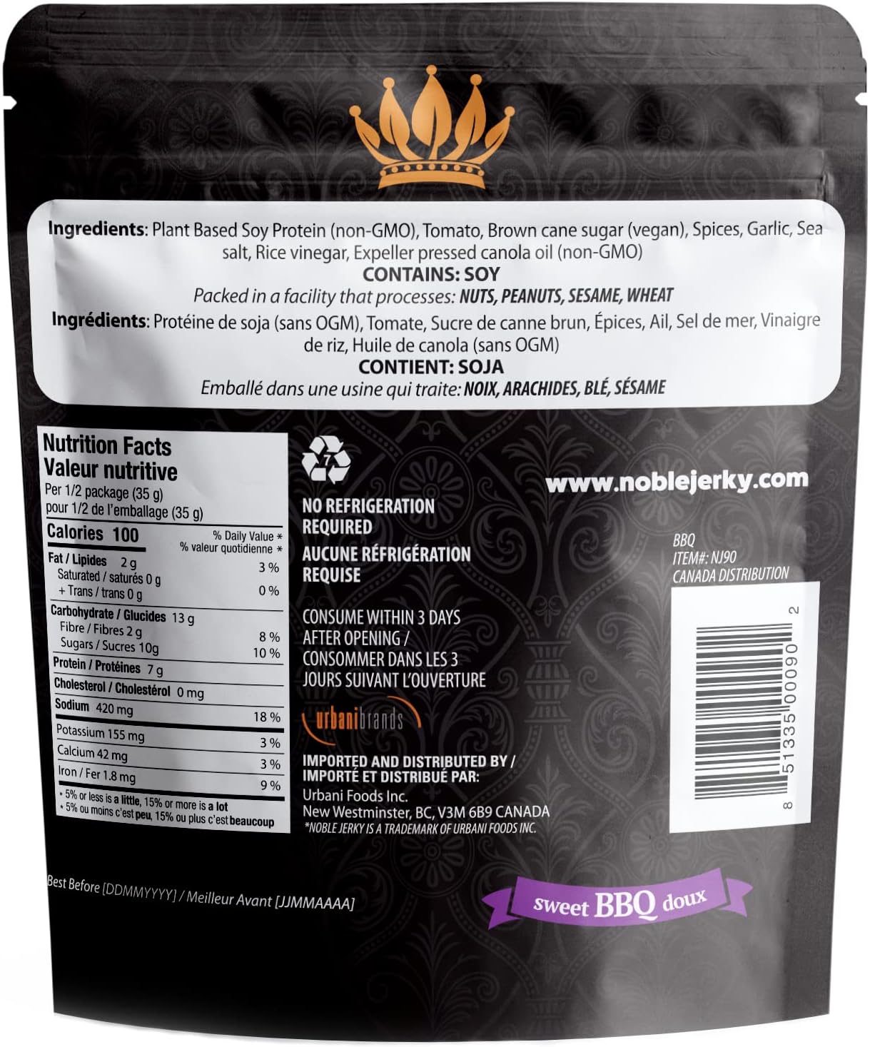 Noble Jerky 素食肉乾燒烤口味 - 12 包（70 克/袋），14 克植物蛋白，非基因改造，無肉，適合辦公室、健身房和午餐盒的健康高蛋白零食