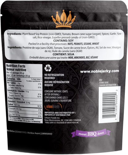 Noble Jerky 素食肉乾燒烤口味 - 12 包（70 克/袋），14 克植物蛋白，非基因改造，無肉，適合辦公室、健身房和午餐盒的健康高蛋白零食