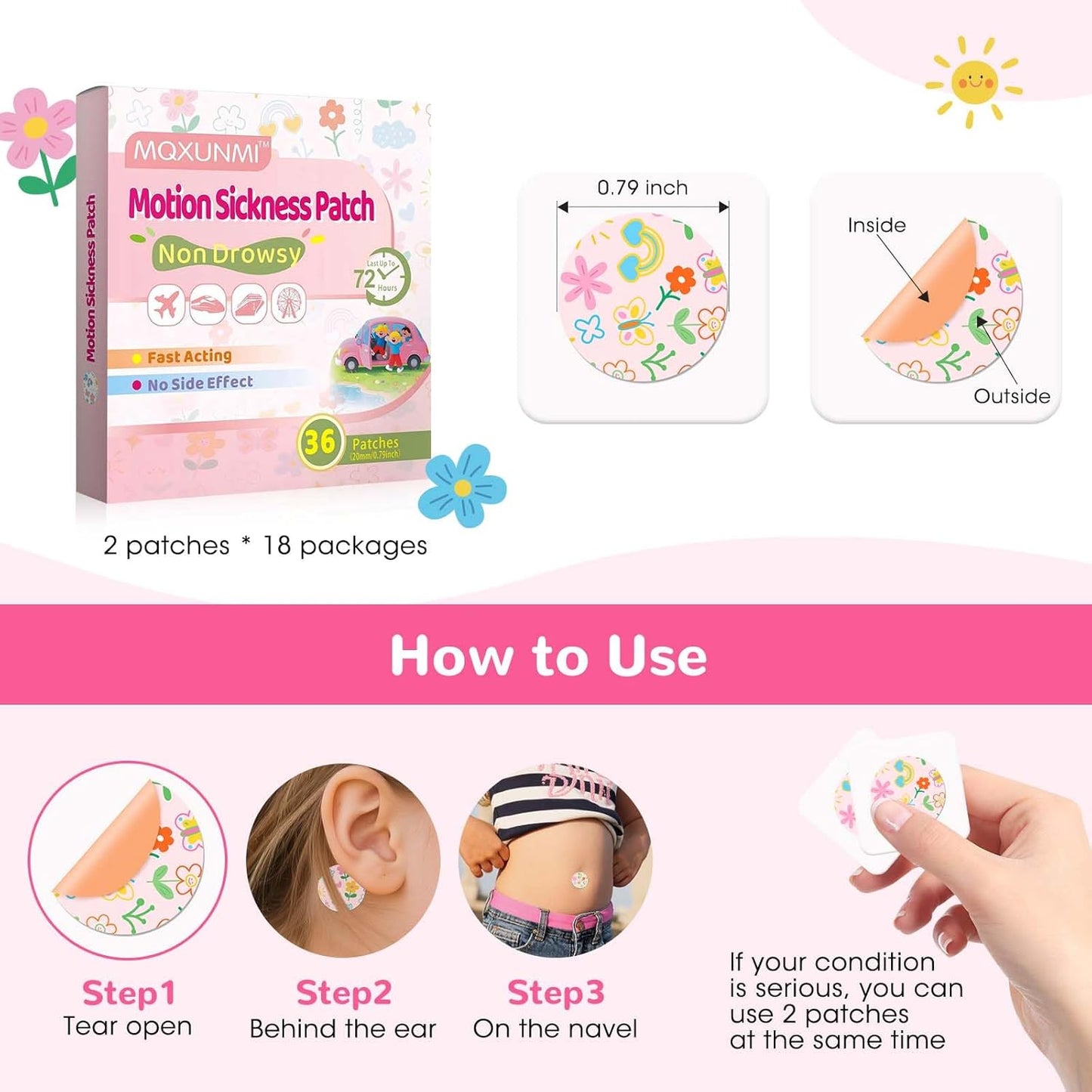 MQXUNMI 36片装晕车贴，不瞌睡晕船贴，缓解晕车晕船引起的头晕，适用于游轮，旅行必备品，定制花朵图案