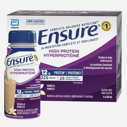 Ensure 高蛋白 12 克，代餐奶昔，含蛋白質的蛋白質奶昔，有助於增強肌肉，香草味，6 x 235 毫升瓶裝